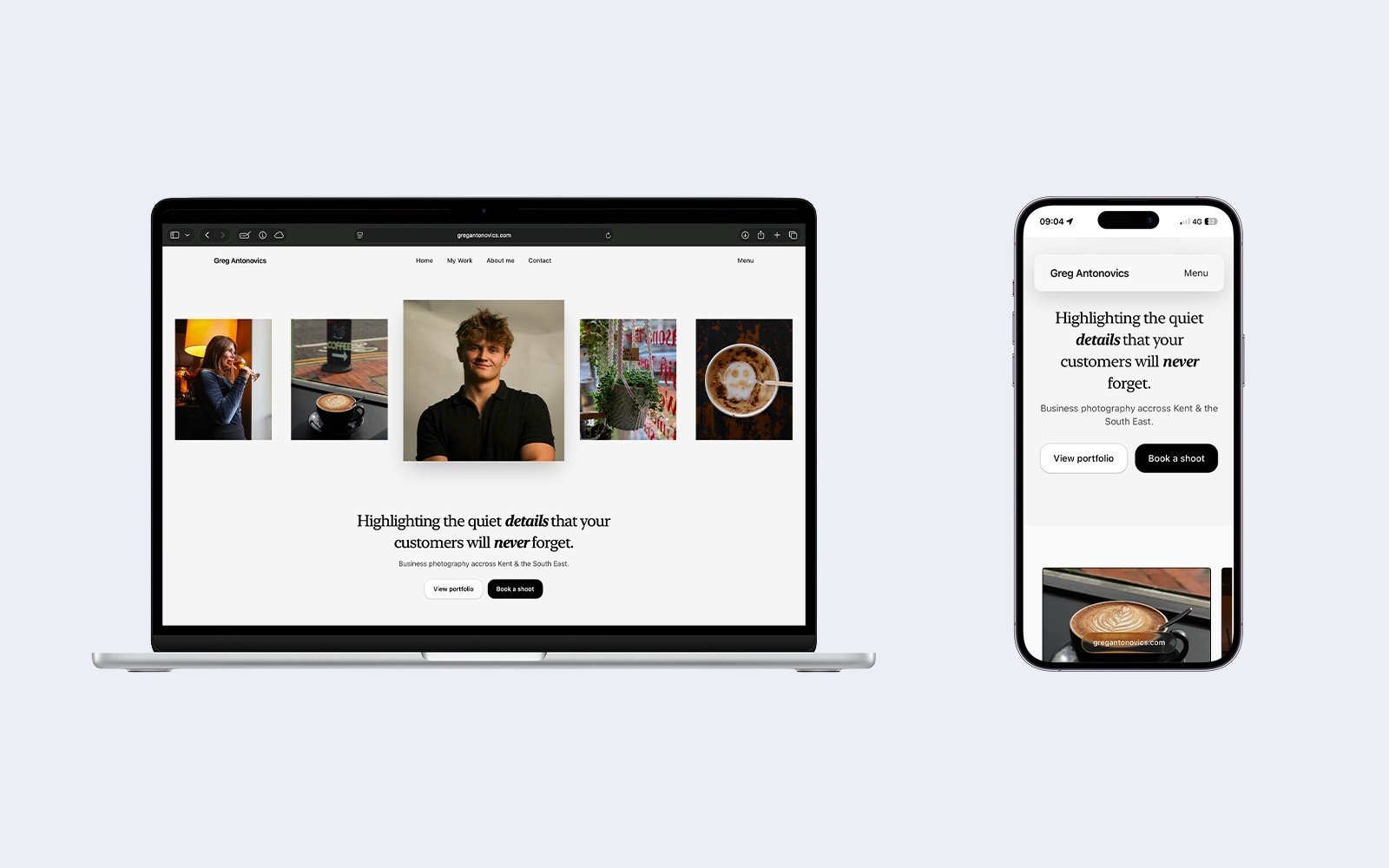 Case study preview: Greg Antonovics Photography homepage on desktop and mobile.