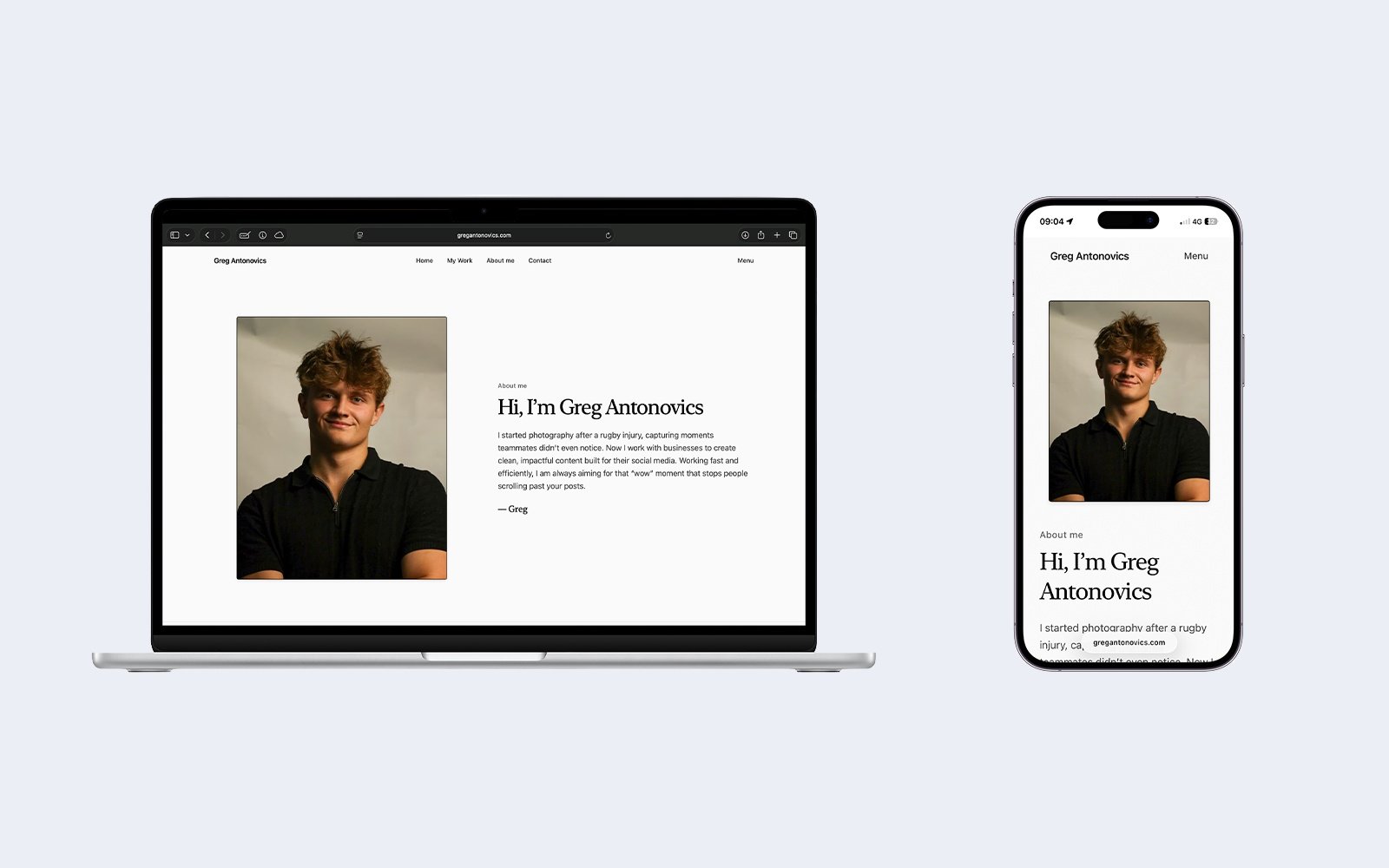 Project browsing view with images and minimal text, shown on desktop and mobile.