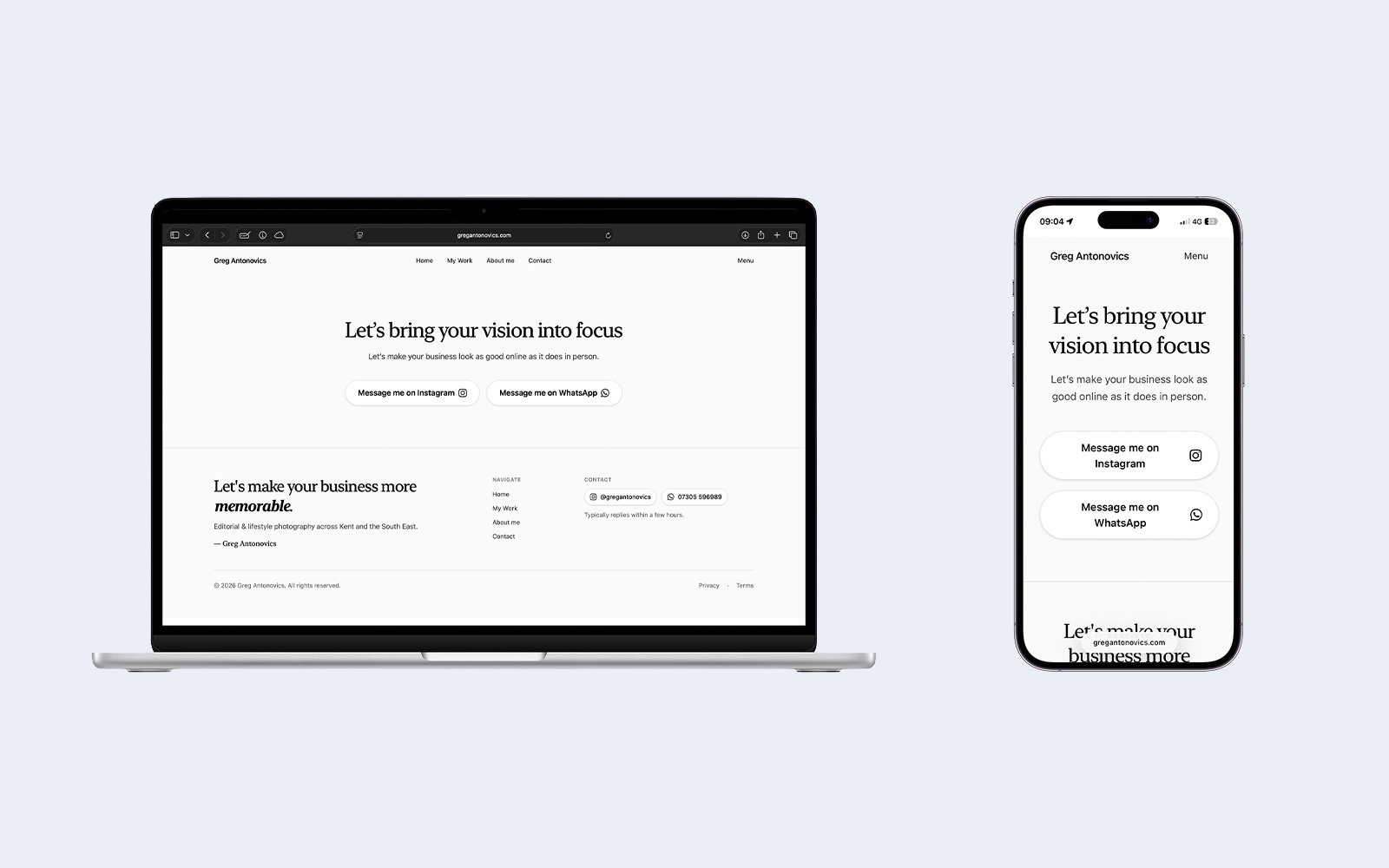 Homepage visual style with image strip and headline on desktop and mobile.