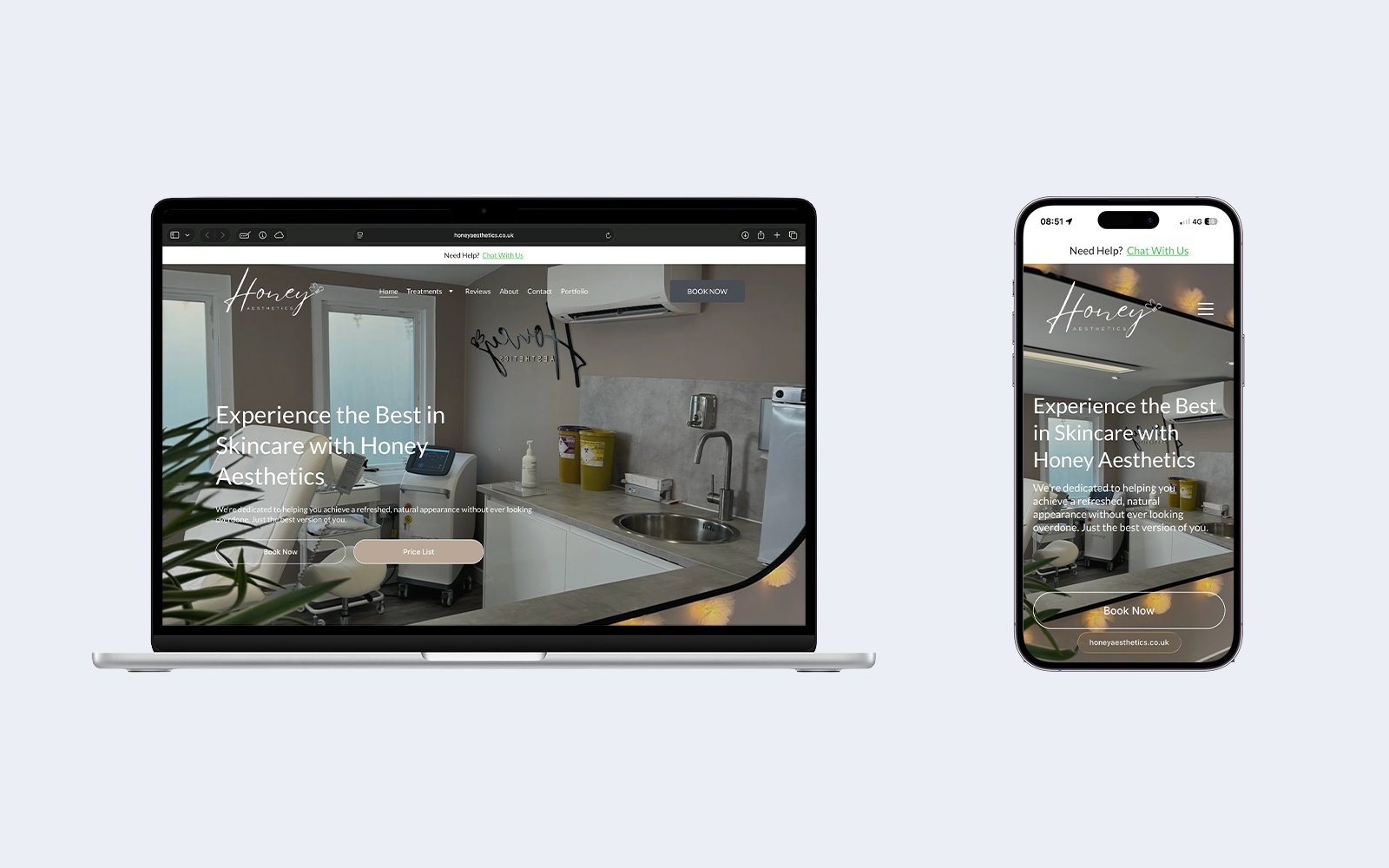 Honey Aesthetics website hero on desktop and mobile.