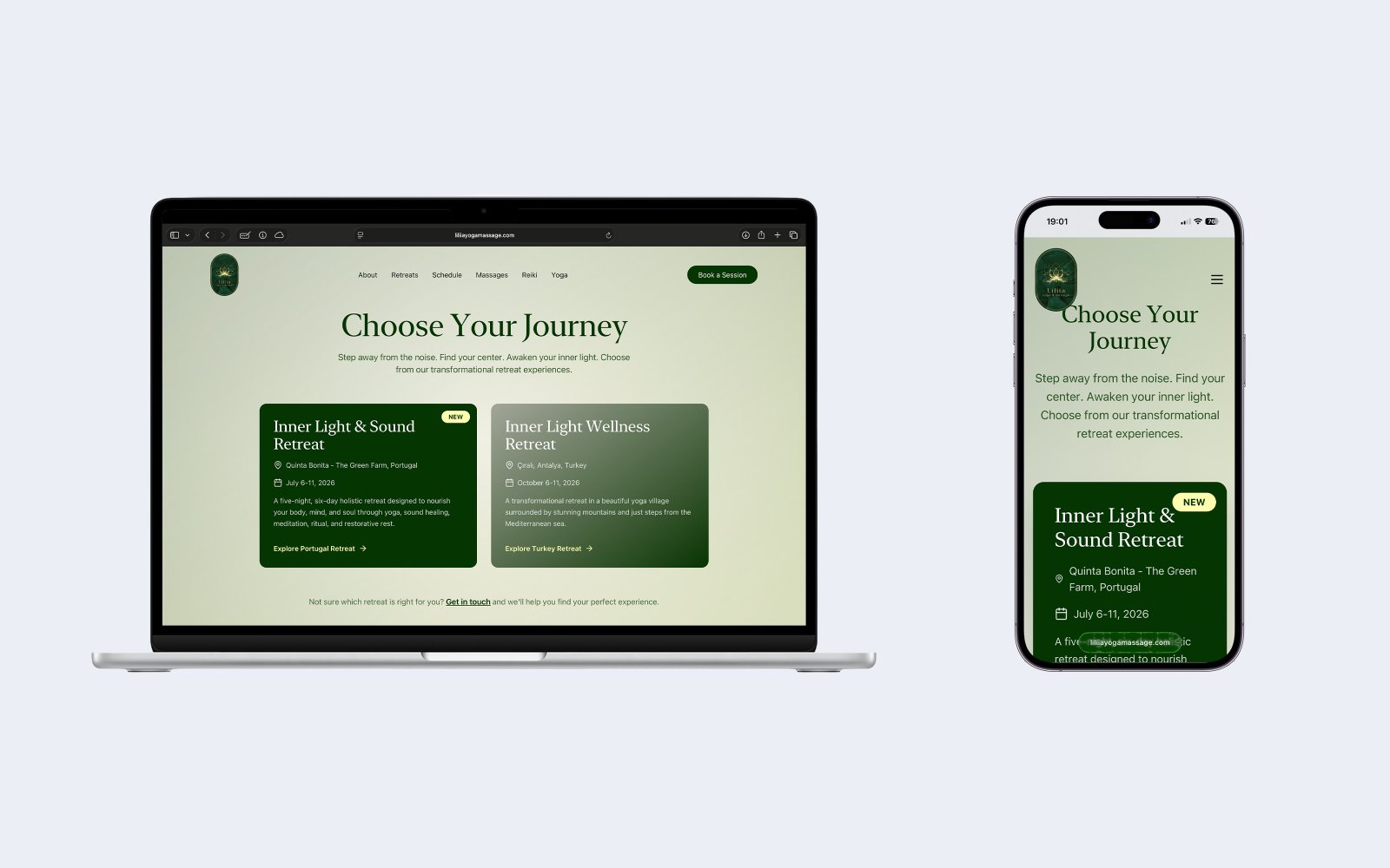 Massages page hero with a clear booking button on desktop and mobile.