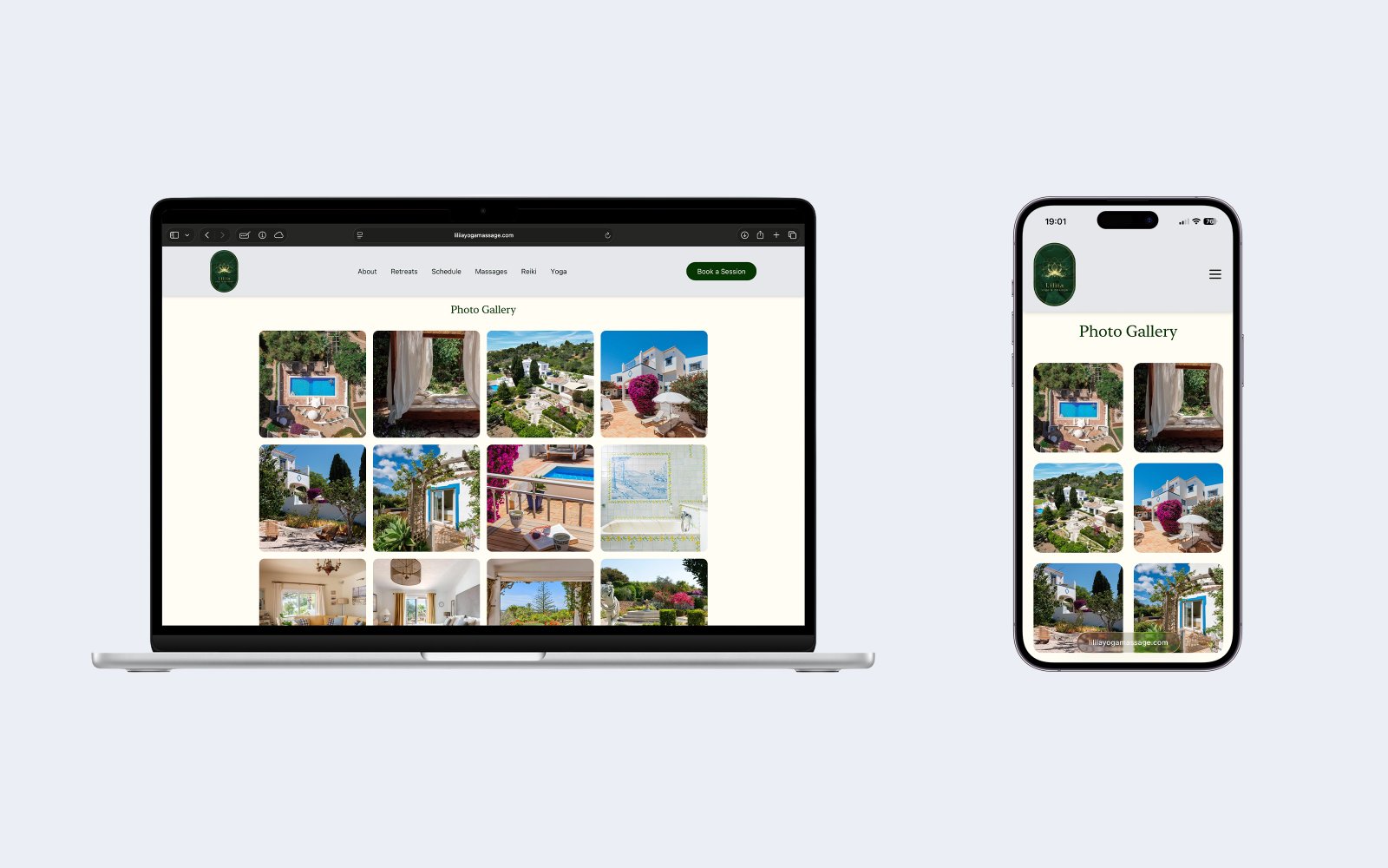 Retreats overview page showing retreat cards and key details on desktop and mobile.