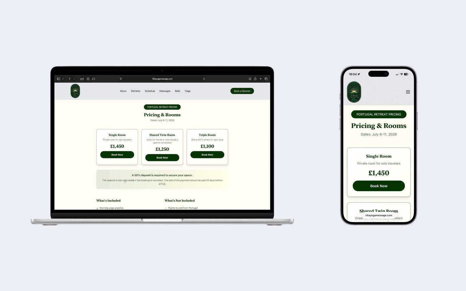 Portugal retreat pricing and rooms section with booking buttons on desktop and mobile.