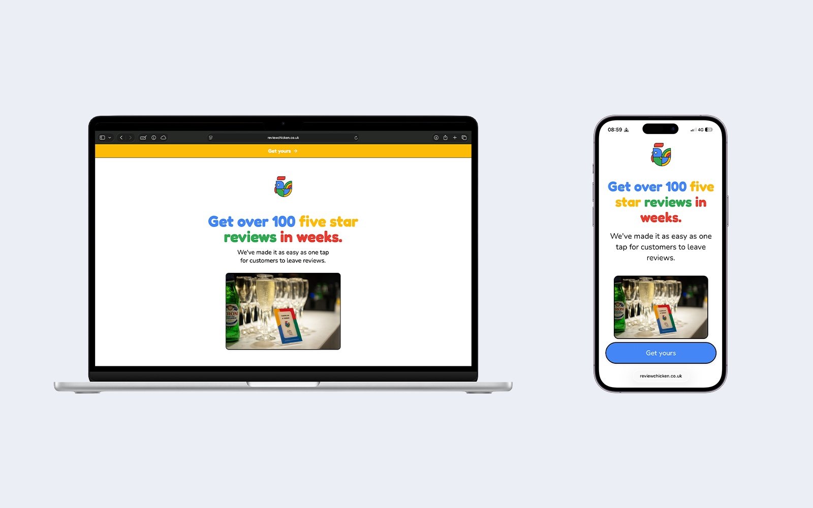 Case study preview: ReviewChicken product selection page on desktop and mobile.