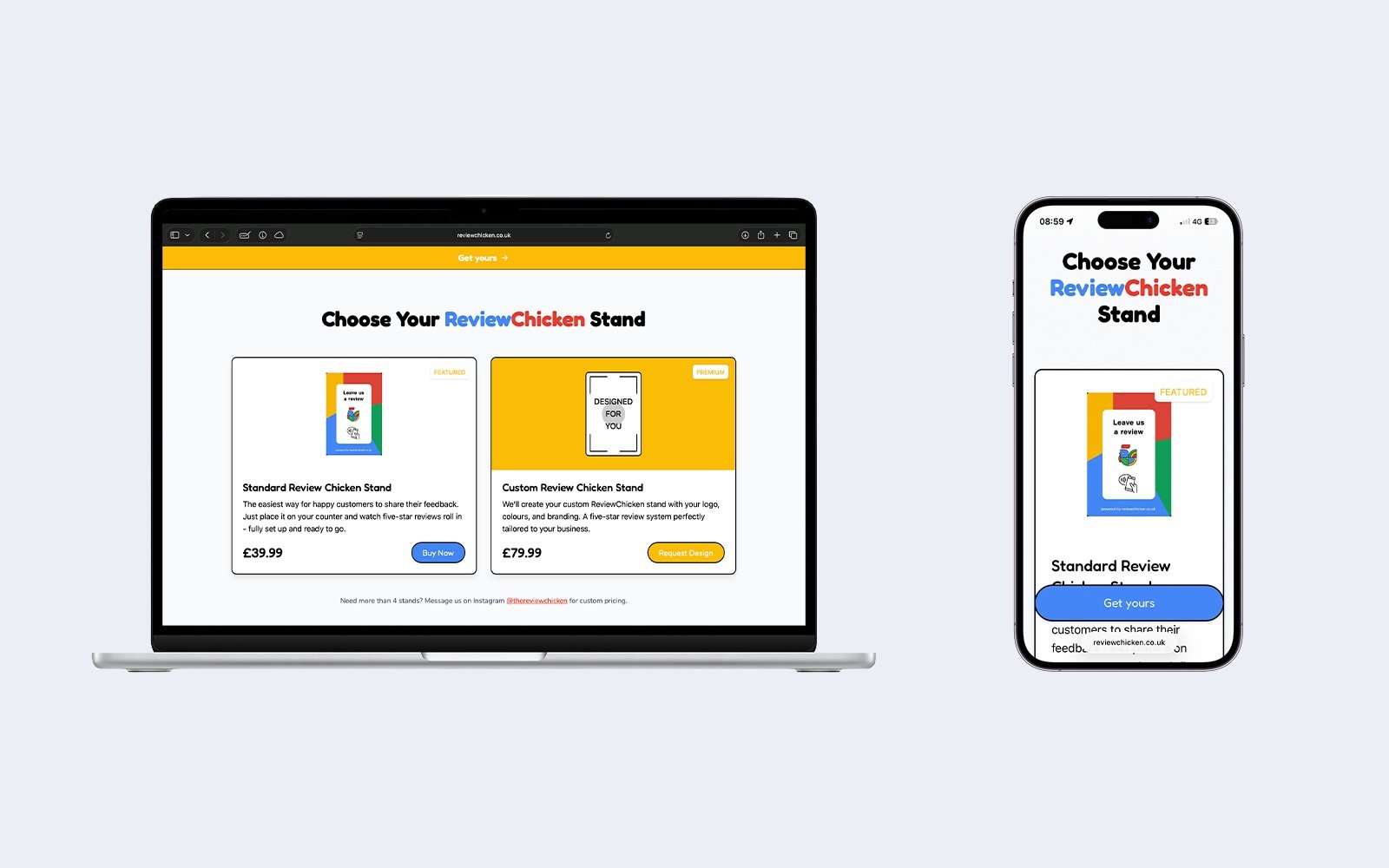 Sales-focused hero section showing the product in use on desktop and mobile.